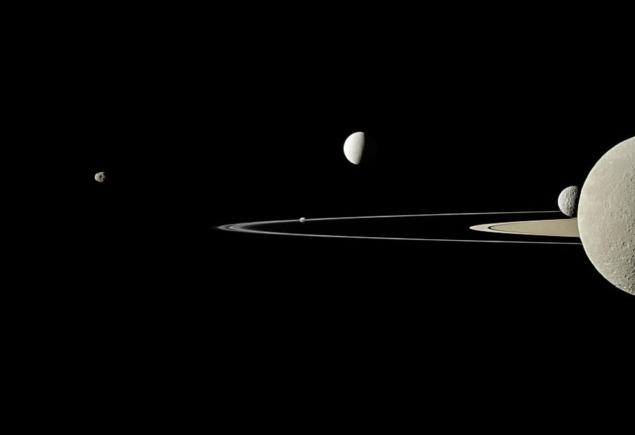 Five moons aligned around Saturn's rings